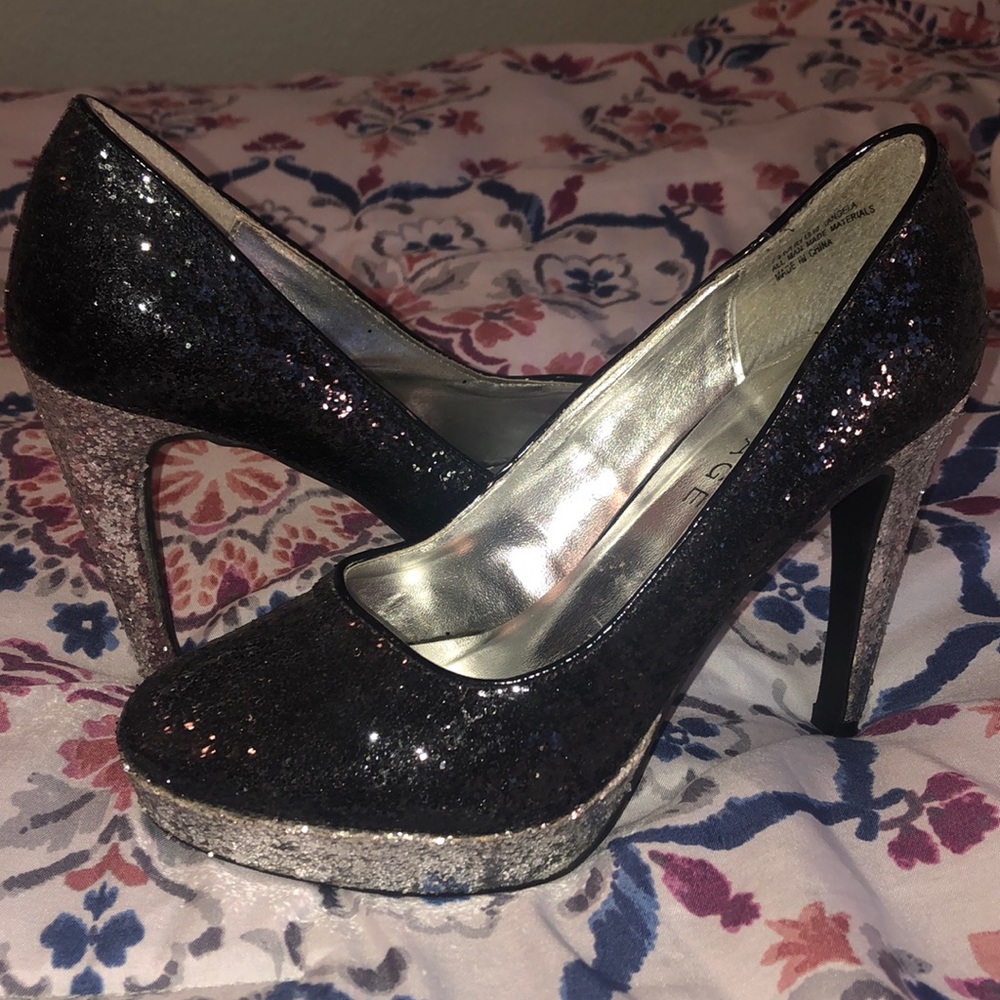Black and silver sparkle heels